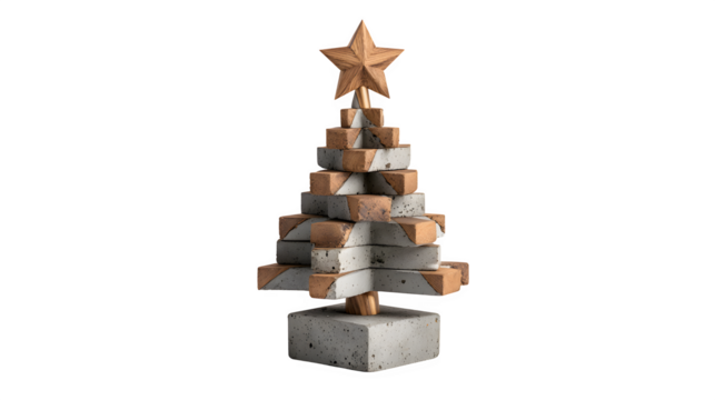 Minimalist concrete and wood hybrid Christmas tree with raw edges and warm wood star, industrial minimalism, isolated on white background