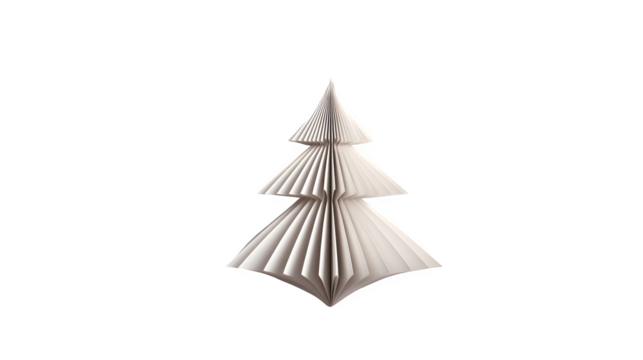 Minimalist folded paper Christmas tree in origami style, crisp white with single red dot, isolated on white background