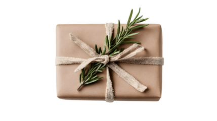 Minimalist gift box in warm taupe paper with single sprig of rosemary and cotton ribbon, earthy and calm, isolated on white background