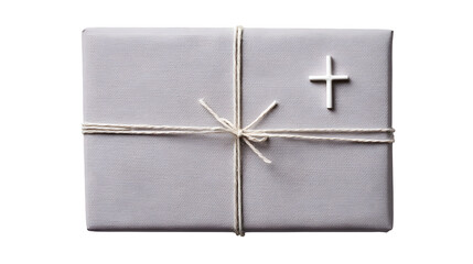 Minimalist gift in pale gray paper with single white thread cross and micro tag, serene and clean, isolated on white background