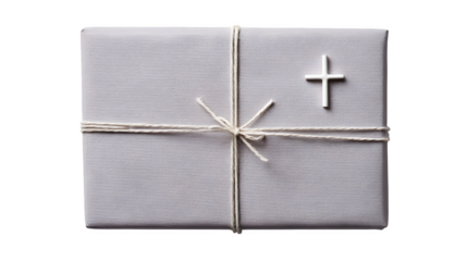 Minimalist gift in pale gray paper with single white thread cross and micro tag, serene and clean, isolated on white background