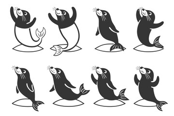 Naklejka premium Minimalist baby seal waving icon set