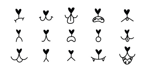 Hand drawn doodle pet mouth. dog or cat face with tongue hanging out set template. Dog tongue outline lick mouth and nose. Happy pet face with open mouth. 