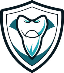 A fierce tooth superhero emblem, featuring a stylized tooth with a cape and shield, symbolizing dental protection and strength, , perfect for dental clinics