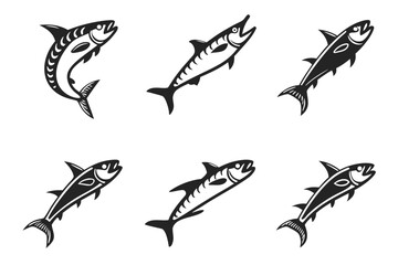 Eight minimalist barracuda icons in black and color