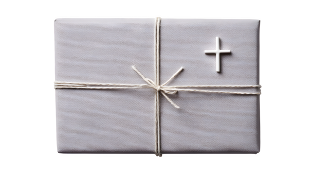 Minimalist gift in pale gray paper with single white thread cross and micro tag, serene and clean, isolated on white background - Powered by Adobe