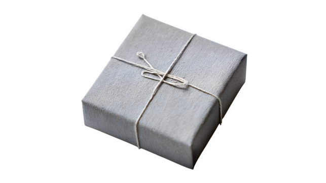 Minimalist gift in pale gray paper with single white thread cross and micro tag, serene and clean, isolated on white background - Powered by Adobe