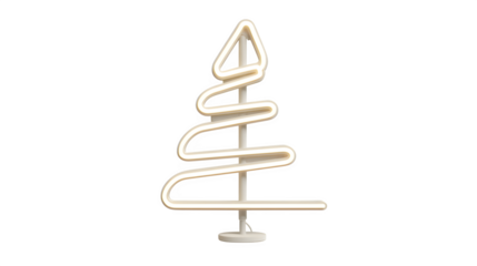 Minimalist neon tube Christmas tree in soft white glow, bent into classic conical shape, modern signage style, isolated on white background
