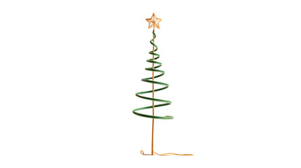 Minimalist single-stem Christmas tree with one spiral green branch wrapping around a central pole and a micro star on top, architectural simplicity, isolated on white background