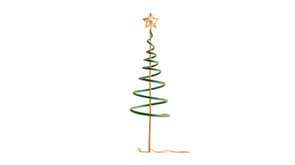 Minimalist single-stem Christmas tree with one spiral green branch wrapping around a central pole and a micro star on top, architectural simplicity, isolated on white background