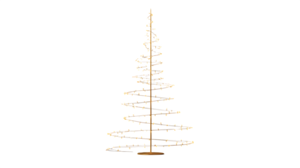Minimalist vertical line Christmas tree made of thin gold rods and micro LED dots, ultra-sleek design, isolated on white background