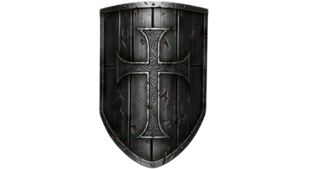 Dark Wooden Shield with Cross Emblem: Medieval Knight Protection.