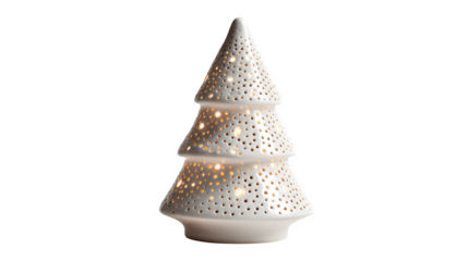 Minimalist white ceramic Christmas tree with tiny drilled holes for LED tea lights, Scandinavian design, isolated on white background