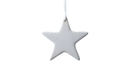 Minimalist white ceramic star with smooth matte finish and single drilled hole for hanging, pure and serene, isolated on white background