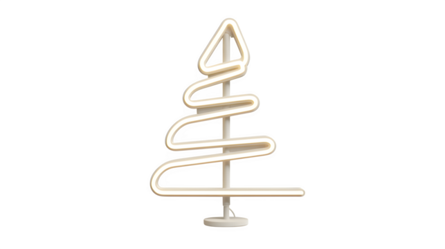 Minimalist neon tube Christmas tree in soft white glow, bent into classic conical shape, modern signage style, isolated on white background
