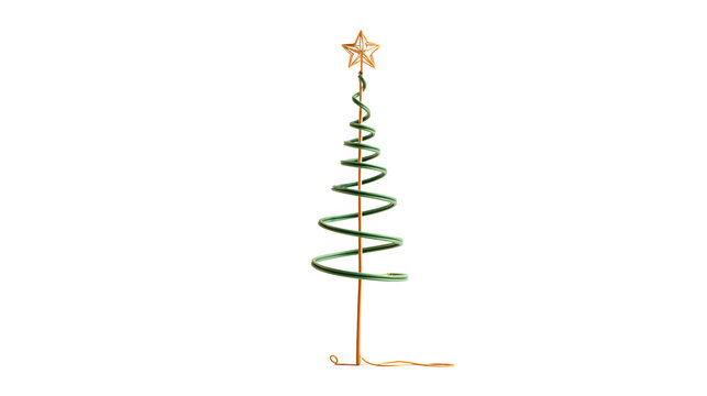 Minimalist single-stem Christmas tree with one spiral green branch wrapping around a central pole and a micro star on top, architectural simplicity, isolated on white background