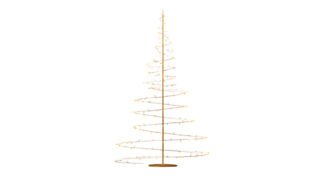 Minimalist vertical line Christmas tree made of thin gold rods and micro LED dots, ultra-sleek design, isolated on white background