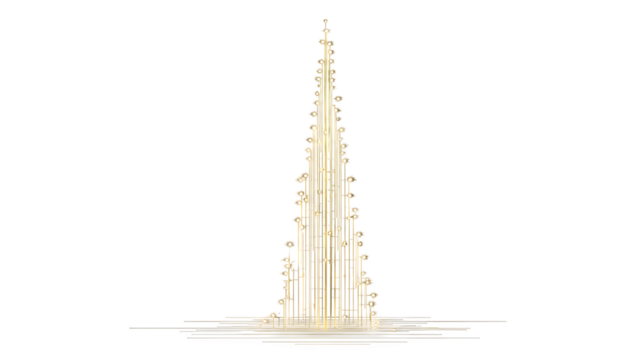 Minimalist vertical line Christmas tree made of thin gold rods and micro LED dots, ultra-sleek design, isolated on white background