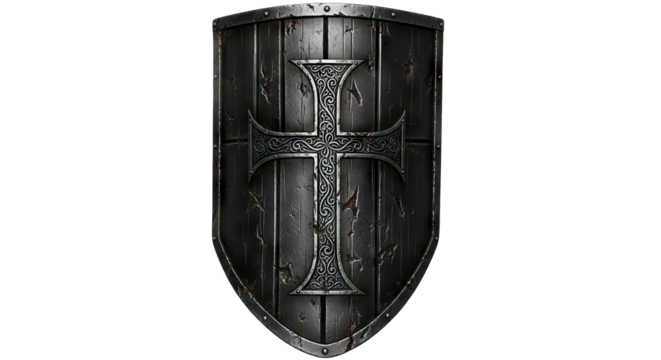Dark Wooden Shield with Cross Emblem: Medieval Knight Protection.