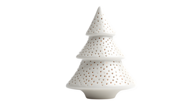 Minimalist white ceramic Christmas tree with tiny drilled holes for LED tea lights, Scandinavian design, isolated on white background