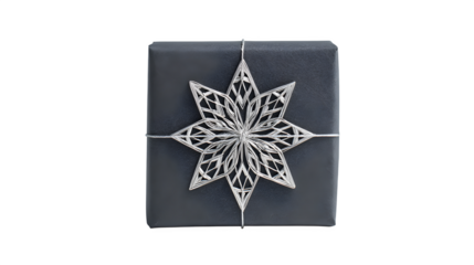 Modern gift in graphite paper with white geometric snowflake and thin silver thread, architectural design, isolated on white background