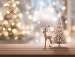 Naklejka premium Winter Wonderland Charm: A miniature deer figurine and a glistening tree stand on a wooden surface, set against a blurred backdrop of sparkling holiday lights. Capture the spirit of the season.