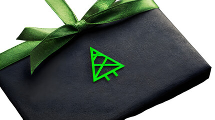 Modern gift in matte black paper with neon green foil Christmas tree and matching ribbon, edgy holiday, isolated on white background