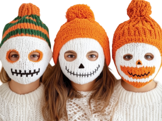 Three Individuals Wearing Colorful Knitted Hats with Halloween-Themed Masks, Perfect for a Festive Autumn Celebration isolated on transparent background