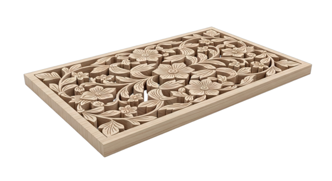 Hand carved decorative wooden plaque with a floral and leaf motif.