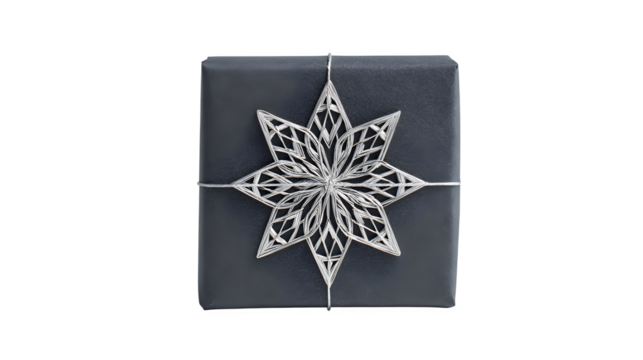 Modern gift in graphite paper with white geometric snowflake and thin silver thread, architectural design, isolated on white background