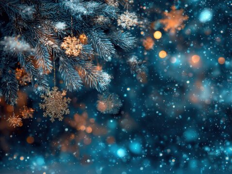 Sparkling Snowflake Wonder: An evocative, high-angle shot presents a glittering, seasonal scene of festive cheer. A cluster of stylized snowflakes nestles on a textured evergreen branch.&#x20;