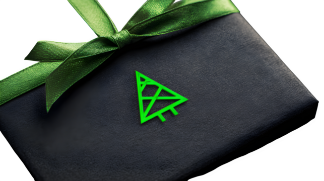 Modern gift in matte black paper with neon green foil Christmas tree and matching ribbon, edgy holiday, isolated on white background