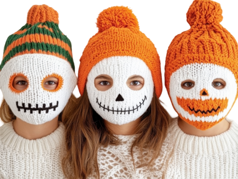 Three Individuals Wearing Colorful Knitted Hats with Halloween-Themed Masks, Perfect for a Festive Autumn Celebration isolated on transparent background