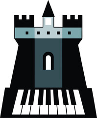 A creative logo features a castle tower with piano keys, symbolizing music and architecture, it represents artistic expression and innovation