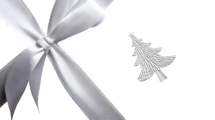 Modern gift in matte white paper with debossed Christmas tree and matching white ribbon, seamless design, isolated on white background