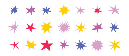 Sharp stars shapes set. Bright irregular sparks, colorful twinkles. Abstract edgy sparkle and stars elements pack. Asymmetry forms