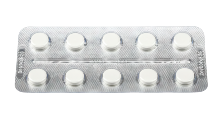 Blister pack with ten white round medical pills isolated on white.