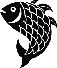 A black and white illustration of a fish with scales, swimming upwards with a happy expression