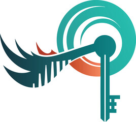 An abstract logo featuring a key with wings and a circular element, representing security, innovation, and freedom