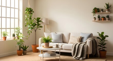 Bright and airy living room with a neutral sofa, plants, and natural light coming through window