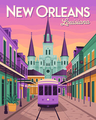 Vibrant New Orleans Travel Poster with Streetcar and Cathedral Illustration Capturing Louisiana Charm