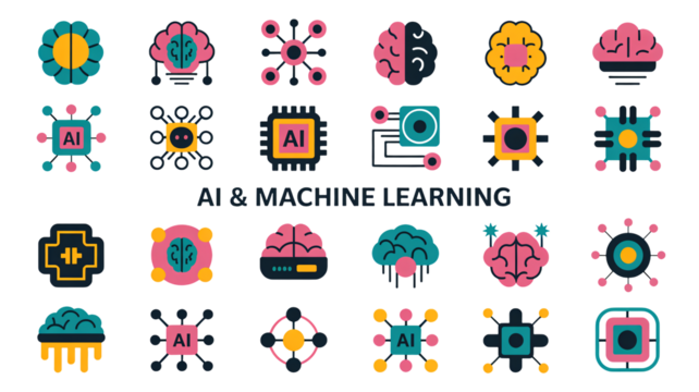 AI machine learning icons represent futuristic technology concepts - Powered by Adobe