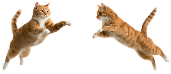 Dynamic Action Poses of Two Playful Cats Leaping Gracefully  isolated on transparent background, Capturing Their Energy and Movement with Artistic Flair