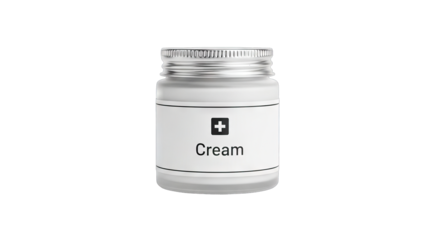 Small white cream jar with silver lid and label for skincare products.