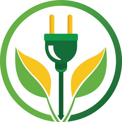 Green energy logo featuring an electrical plug with leaves, symbolizing sustainable power and environmental responsibility