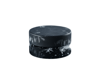 Puck Perfection: A solitary hockey puck rests, exuding an aura of readiness and anticipation. Representing the spirit of competition and the allure of ice hockey