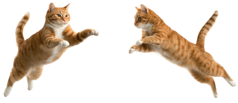Dynamic Action Poses of Two Playful Cats Leaping Gracefully  isolated on transparent background, Capturing Their Energy and Movement with Artistic Flair