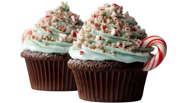 Peppermint hot chocolate cupcakes with mint buttercream and candy cane crumble, drink-inspired dessert, isolated on white background