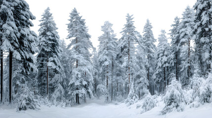 Pine forest after fresh snowfall, branches heavy and bent, soft ambient light and hushed stillness, isolated on white background