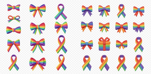 A vibrant collection of rainbow-colored bows, decorative ribbons, and a single gift box, symbolizing pride and celebration.